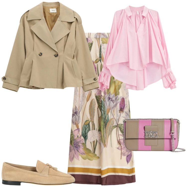 Outfit donna - Fantasia floreale effetto primavera. Stile Casual chic per Tutti i giorni. Abbinamento con mocassini, borse a spalla, camicie, blazer, pantaloni a palazzo.