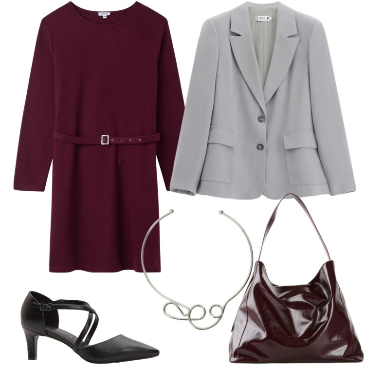 Outfit donna - Abiti che si muovono con te - Curvy. Stile Chic per Ufficio. Abbinamento con shopping bag, décolleté, vestiti corti, collane, blazer.