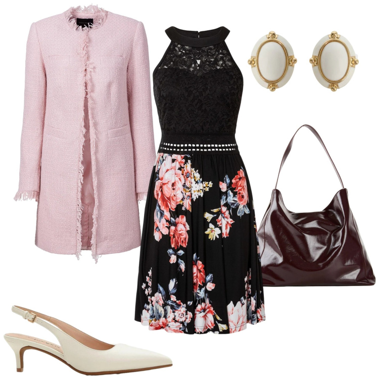 Outfit donna - Rosa e fiori in primavera. Stile Casual chic per Tutti i giorni. Abbinamento con vestiti, blazer, shopping bag, décolleté, orecchini.