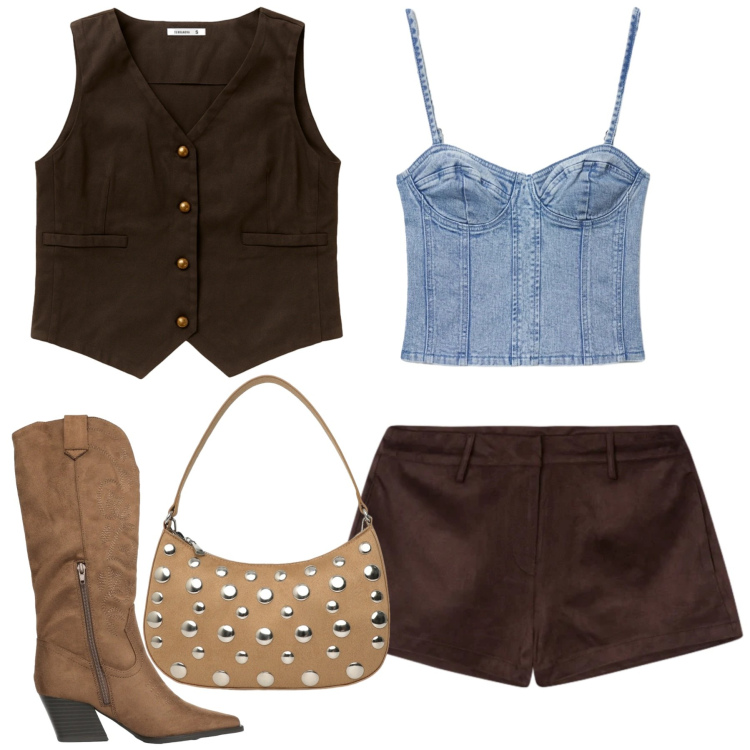 Outfit donna - Desert code. Stile Boho per Tutti i giorni. Abbinamento con stivali, top, borse a tracolla, gilet, shorts.