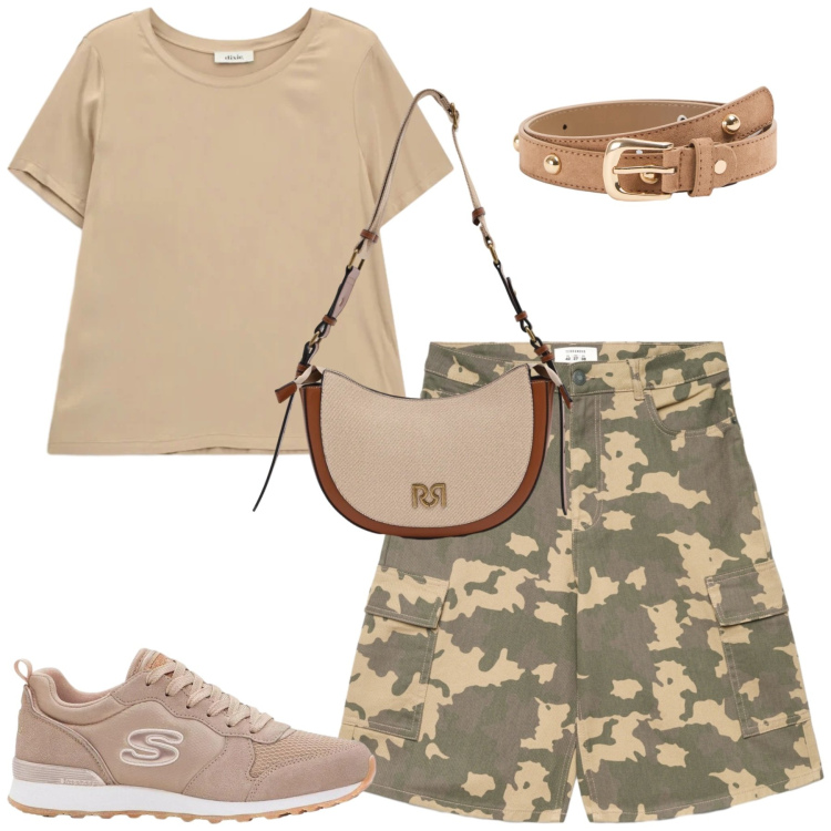 Outfit donna - Marzo. Stile Casual per Tutti i giorni. Abbinamento con sneakers, cinture, pantaloni corti, t-shirt, borse a tracolla.