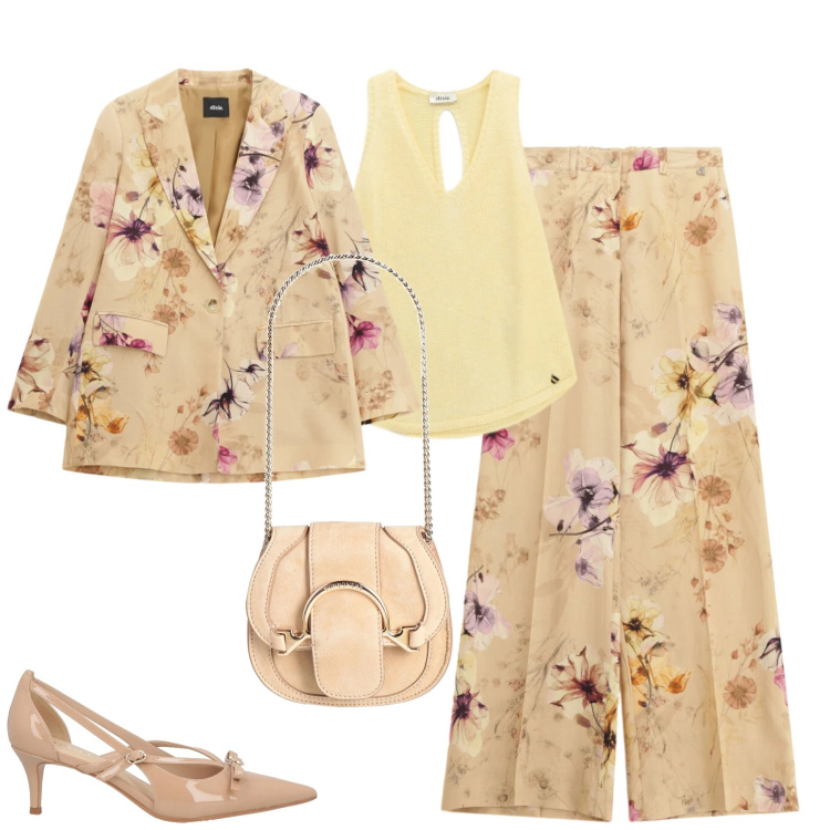 Outfit donna - Completo floreale. Stile Glamour per Tutti i giorni. Abbinamento con marsupi, décolleté, blazer, pantaloni a palazzo, top.