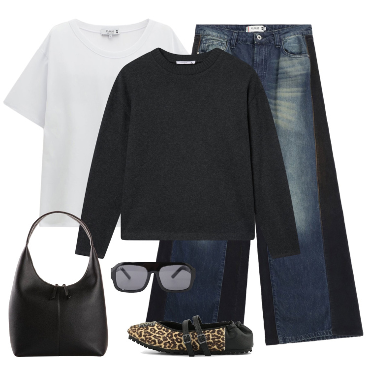 Outfit donna - super basic. Stile Basic per Tutti i giorni. Abbinamento con shopping bag, maglieria, occhiali da sole, jeans a zampa, t-shirt, ballerine.