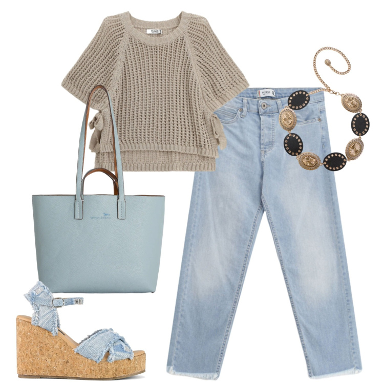 Outfit donna - City. Stile Casual chic per Tutti i giorni. Abbinamento con shopping bag, cinture, top, jeans, zeppe.