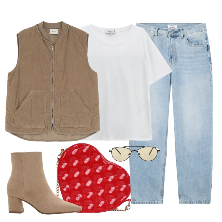 Outfit donna - accessorio rosso. Stile Basic per Tutti i giorni. Abbinamento con stivaletti, jeans dritti, borse a tracolla, occhiali da sole, gilet, t-shirt.