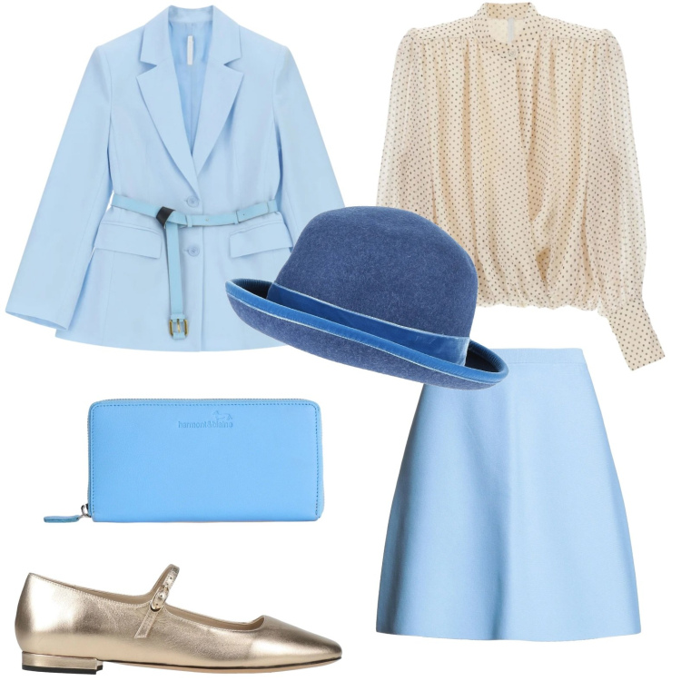 Outfit donna - Celeste primavera. Stile Minimal per Tutti i giorni. Abbinamento con cappelli, ballerine, minigonne, portafogli, blazer, camicie.