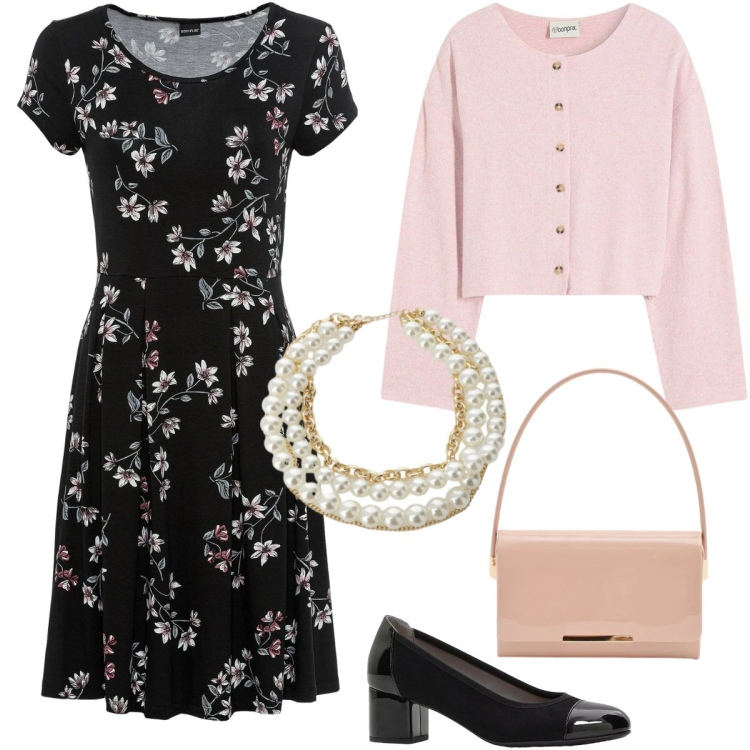 Outfit donna - Stile romantico primaverile. Stile Vintage retrò per Tutti i giorni. Abbinamento con vestiti, cardigans, décolleté, collane, pochette.