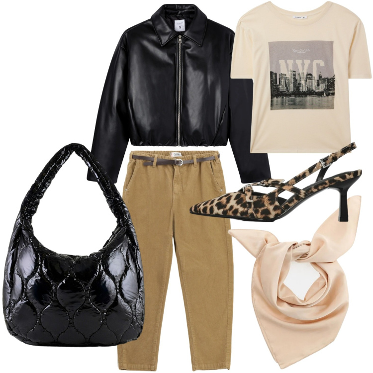 Outfit donna - T-shirt n.y.c.. Stile Minimal per Tutti i giorni. Abbinamento con t-shirt, giacche, décolleté, pantaloni chino, foulard, borse tote.
