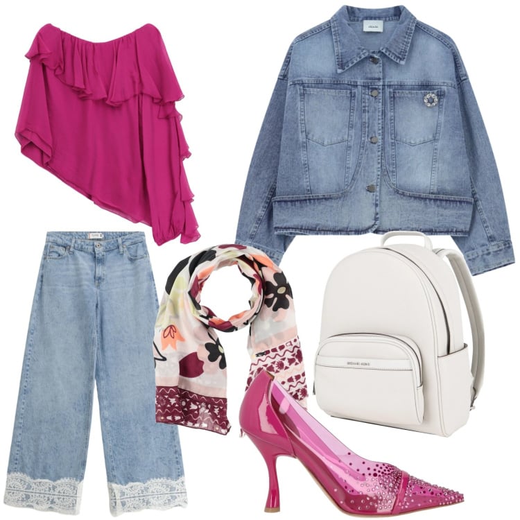 Outfit donna - Jeans con pizzo. Stile Minimal per Tutti i giorni. Abbinamento con décolleté, zaini, sciarpe, blazer, bluse, jeans.