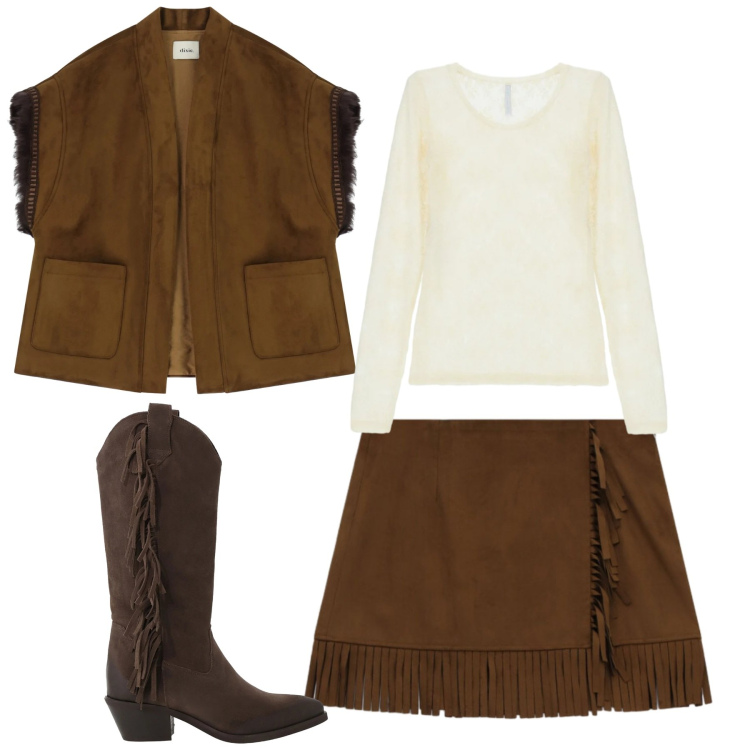 Outfit donna - Rodeo drive. Stile Boho per Tutti i giorni. Abbinamento con bluse, gilet, stivali, minigonne.