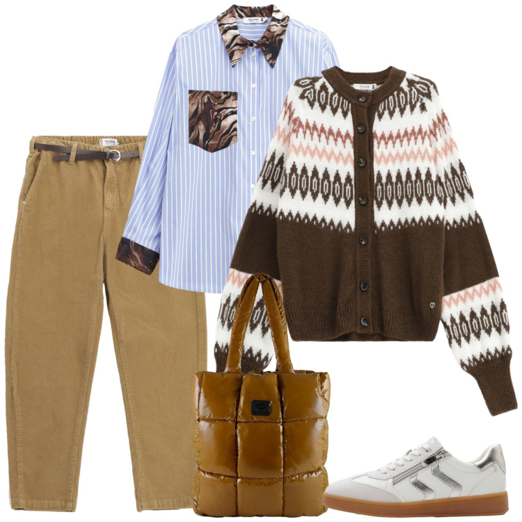 Outfit donna - Giusta comodità. Stile Casual per Scuola/Università. Abbinamento con sneakers, cardigans, camicie, pantaloni chino, shopping bag.