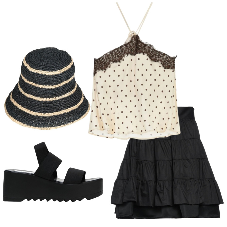Outfit donna - Total look #2362310. Stile Basic per Mare. Abbinamento con minigonne, cappelli con visiera, sandali col tacco, top.