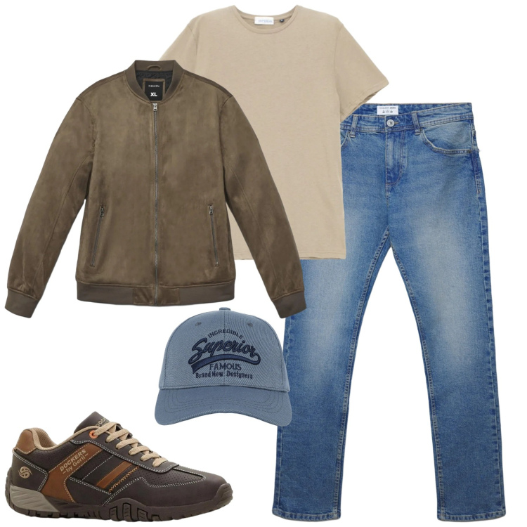 Outfit uomo - City. Stile Urban per Tutti i giorni. Abbinamento con sneakers, t-shirt, cappelli con visiera, giacche, jeans dritti.