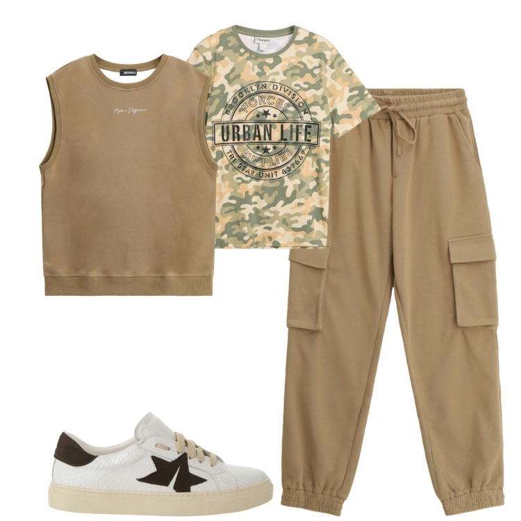 Outfit uomo - Marzo. Stile Casual per Tutti i giorni. Abbinamento con t-shirt, canottiere, pantaloni cargo, sneakers.