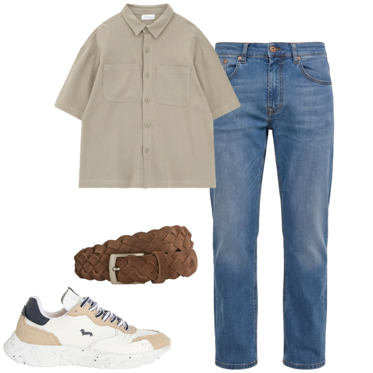 Outfit uomo - City. Stile Casual per Tutti i giorni. Abbinamento con cinture, jeans, sneakers, camicie a manica corta.