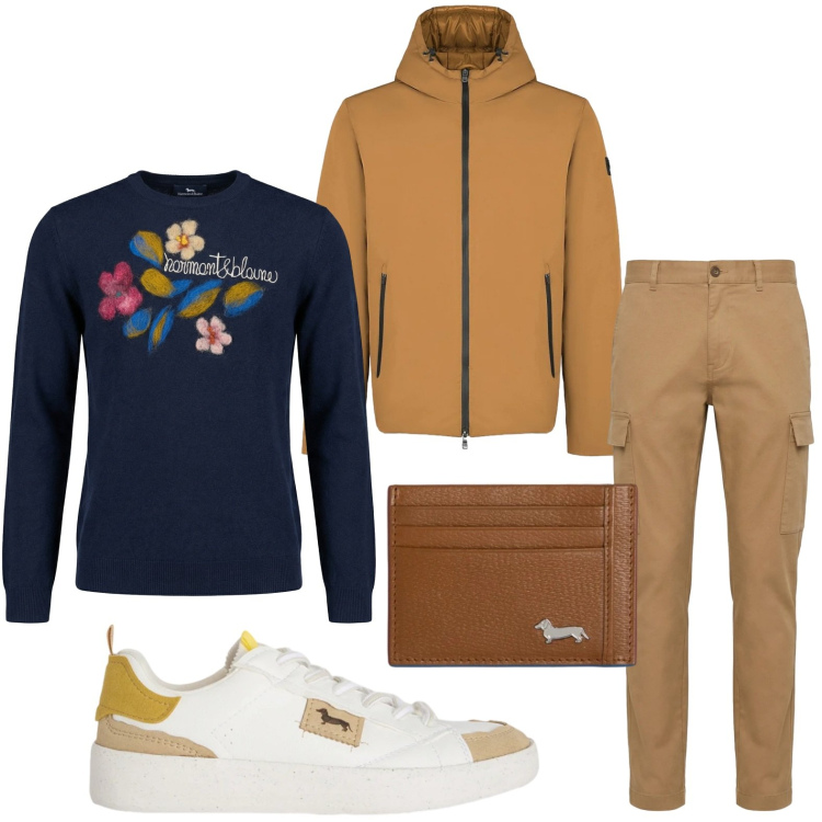 Outfit uomo - Il pull floreale. Stile Trendy per Tutti i giorni. Abbinamento con sneakers, pullovers, portafogli, pantaloni cargo, parka.