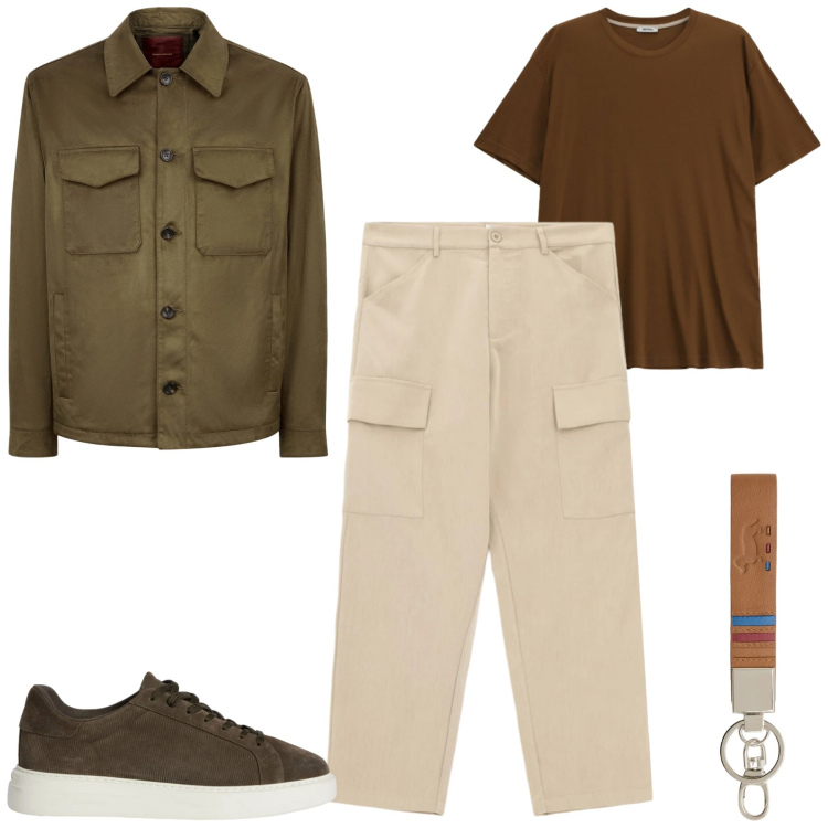 Outfit uomo - City. Stile Casual per Tutti i giorni. Abbinamento con sneakers, portachiavi, t-shirt, pantaloni cargo, giacche.
