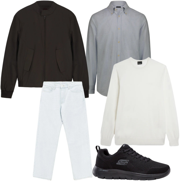 Outfit uomo - Basic style. Stile Trendy per Tutti i giorni. Abbinamento con sneakers, jeans, maglieria, bomber, camicie.