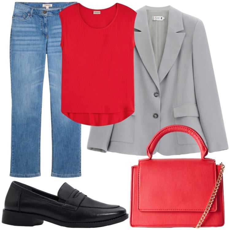 Outfit donna - Energia in Rosso. Stile Casual chic per Ufficio. Abbinamento con mocassini, jeans dritti, bluse, borse a tracolla, blazer.