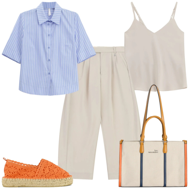 Outfit donna - City. Stile Urban per Tutti i giorni. Abbinamento con borse tote, camicie a manica corta, top, pantaloni a palazzo, espadrillas.