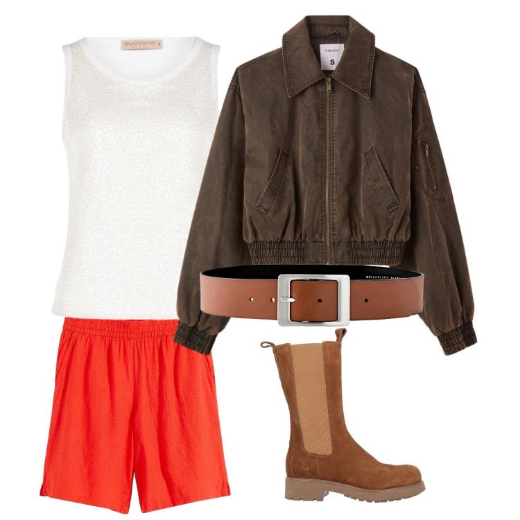 Outfit donna - Volumi armoniosi. Stile Basic per Tutti i giorni. Abbinamento con stivali, cinture, bermuda, bomber, canottiere.