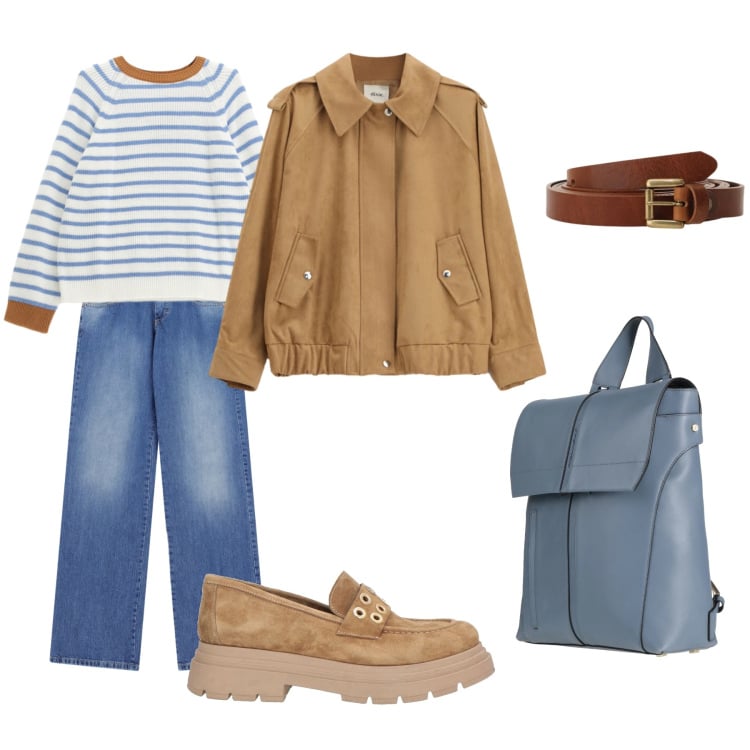 Outfit donna - Jeans e nude. Stile Casual per Tutti i giorni. Abbinamento con mocassini, zaini, cinture, maglieria, bomber, jeans dritti.