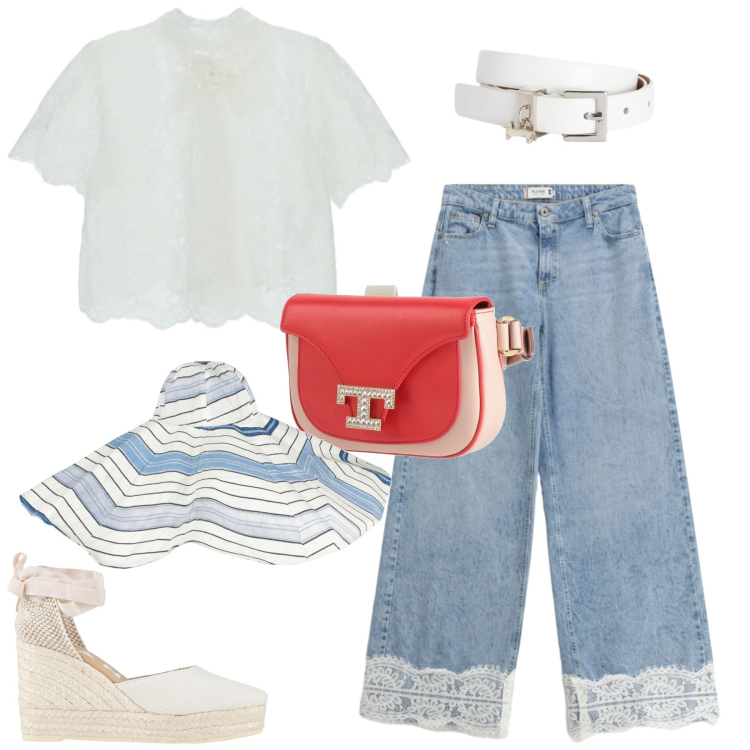 Outfit donna - I jeans con bordo in pizzo. Stile Romantica per Tutti i giorni. Abbinamento con marsupi, cappelli, espadrillas, cinture, top, jeans.
