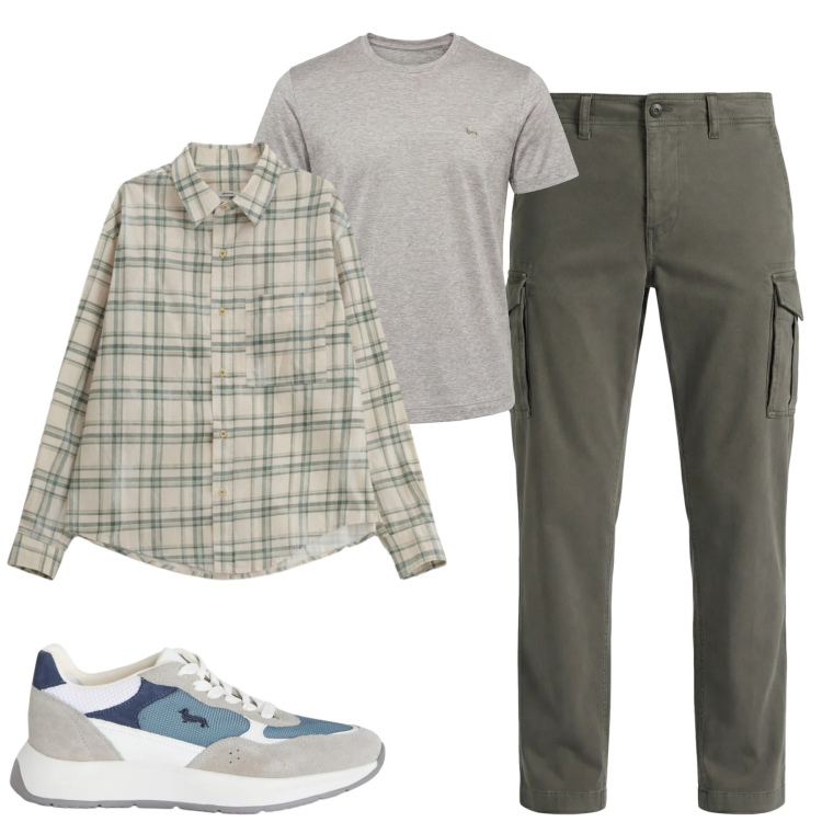 Outfit uomo - Total look #2362378. Stile Casual per Tutti i giorni. Abbinamento con pantaloni cargo, sneakers, t-shirt, camicie.