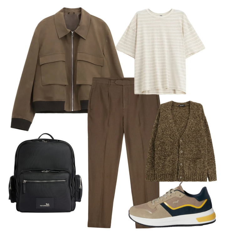 Outfit uomo - Weekend fuori porta. Stile Urban per Tutti i giorni. Abbinamento con sneakers, borse sportive, giacche, cardigans, t-shirt, pantaloni.