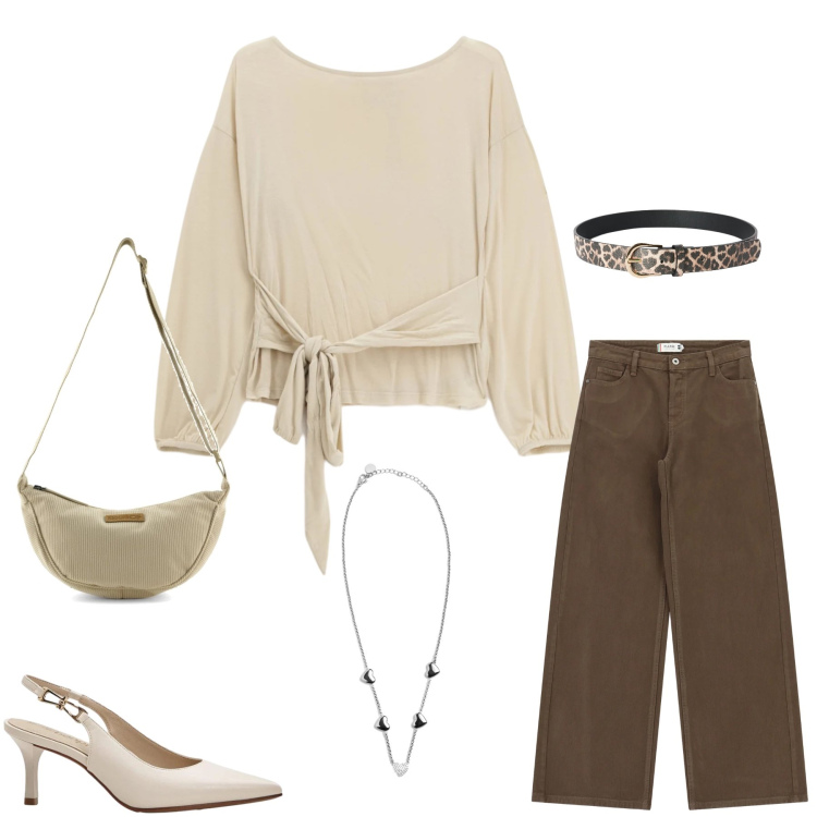 Outfit donna - Sahara Chic. Stile Casual chic per Tutti i giorni. Abbinamento con décolleté, cinture, top, collane, pantaloni a palazzo, borse a tracolla.
