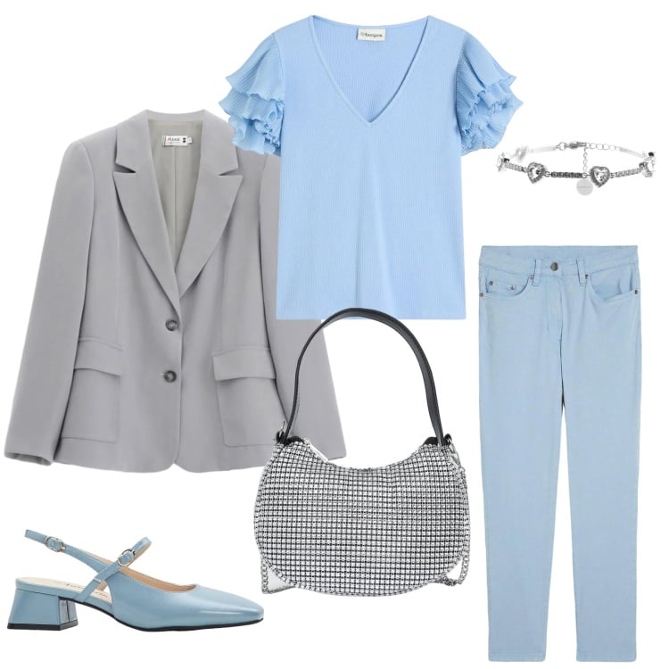 Outfit donna - Blue Harmony. Stile Casual chic per Tutti i giorni. Abbinamento con bluse, décolleté, pantaloni, borse a spalla, blazer, braccialetti.