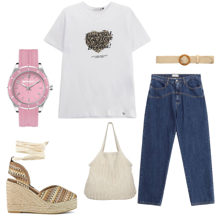 Outfit donna - Casual Denim e Dettagli Naturali. Stile Casual chic per Tutti i giorni. Abbinamento con shopping bag, cinture, jeans, t-shirt, orologi, zeppe.