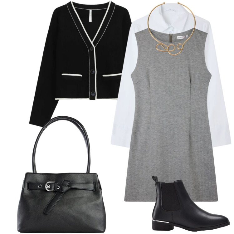 Outfit donna - Occasioni formali e professionali. Stile Vintage retrò per Tutti i giorni. Abbinamento con borse a mano, stivaletti, cardigans, vestiti senza maniche, camicie, collane.