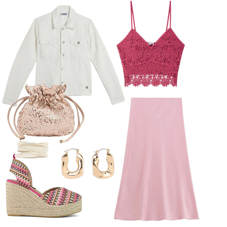 Outfit donna - Contrasti Romantici e Bagliori di Luce. Stile Casual chic per Tutti i giorni. Abbinamento con orecchini, gonne longuette, top, giacche, pochette, zeppe.