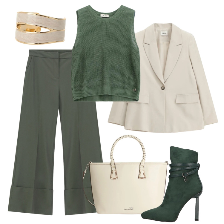 Outfit donna - Verde di sera - @antonellal. Stile Casual chic per Serata fuori. Abbinamento con stivaletti, shopping bag, pantaloni a palazzo, blazer, anelli, maglieria.