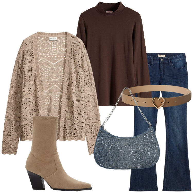 Outfit donna - Romantico per l\'ufficio. Stile Casual per Tutti i giorni. Abbinamento con cardigans, jeans a zampa, maglieria, stivaletti, cinture, borse a tracolla.