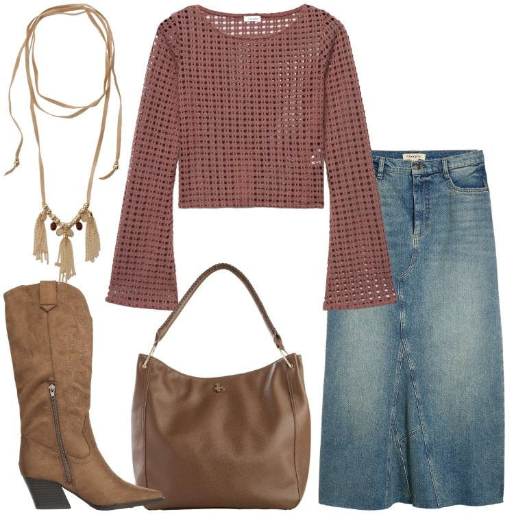 Outfit donna - Maglia leggera protagonista. Stile Trendy per Tutti i giorni. Abbinamento con borse a tracolla, gonne, stivali, maglieria, collane.