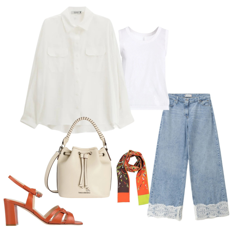 Outfit donna - City Chic. Stile Casual chic per Tutti i giorni. Abbinamento con sciarpe, sandali in pelle, top, borse a secchiello, jeans, camicie.