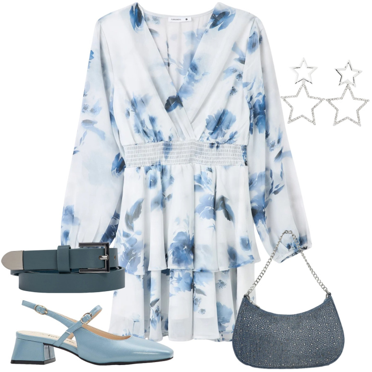 Outfit donna - Sinfonia in Blu. Stile Romantica per Tutti i giorni. Abbinamento con décolleté, vestiti corti, orecchini, borse a tracolla, cinture.