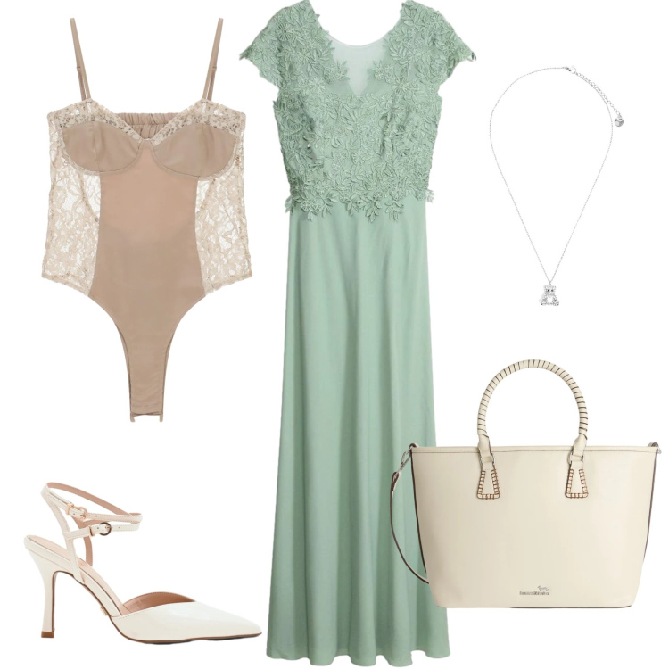 Outfit donna - Incanto Verde Salvia e Pizzo. Stile Romantica per Cerimonia. Abbinamento con vestiti, shopping bag, body, ciondoli, décolleté.