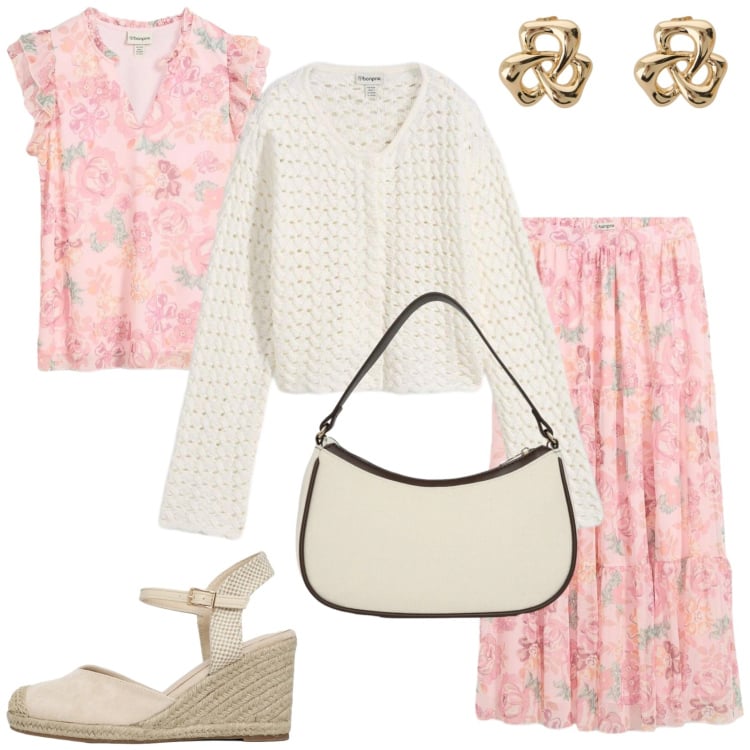 Outfit donna - Per una passeggiata in primavera. Stile Romantica per Tutti i giorni. Abbinamento con maglieria, gonne lunghe, cardigans, borse a tracolla, zeppe, orecchini.