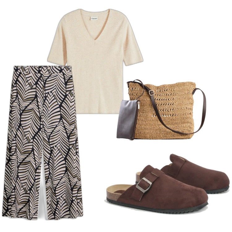 Outfit femme - Un air de printemps. Style Casual pour Tous les jours. Assortir avec sacs en bandoulière, pulls, pantalon large en bas, sabots.