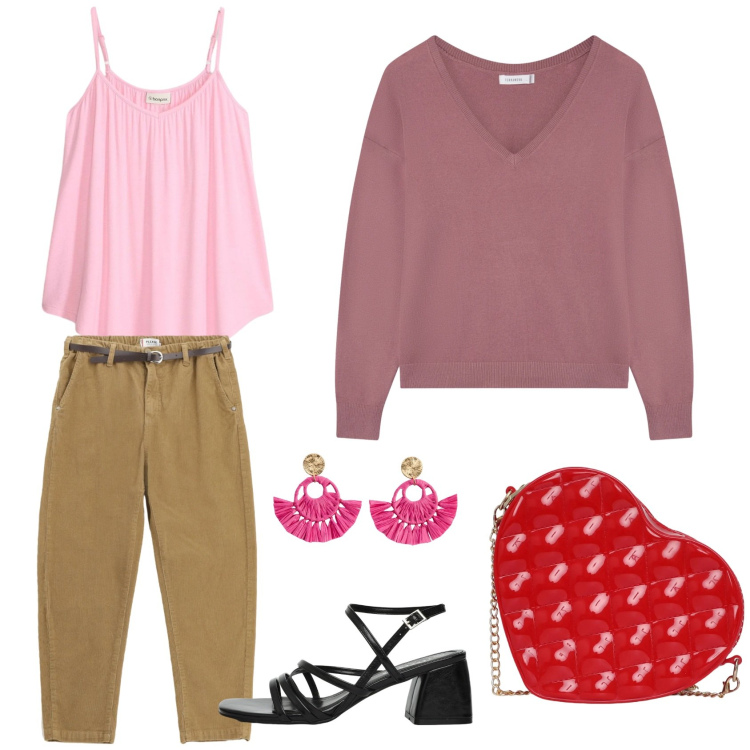 Outfit donna - Romantic afternoon. Stile Casual chic per Tutti i giorni. Abbinamento con orecchini, canottiere, maglieria, borse a tracolla, sandali col tacco, pantaloni chino.