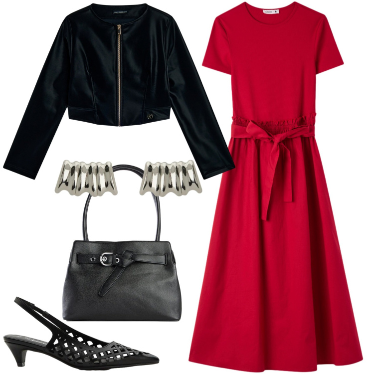Outfit donna - Rispolveriamo il rosso. Stile Glamour per Tutti i giorni. Abbinamento con borse a mano, décolleté, vestiti lunghi, orecchini, blazer.