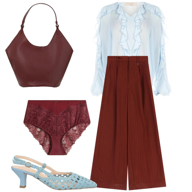 Outfit donna - Un insolito abbinamento. Stile Glamour per Ufficio. Abbinamento con décolleté, culotte, pantaloni a palazzo, borse a spalla, bluse.