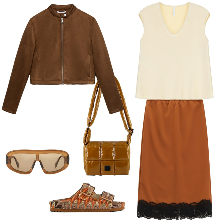 Outfit donna - Orange evening. Stile Casual chic per Tutti i giorni. Abbinamento con giacche, occhiali da sole, top, gonne longuette, borse a spalla, sandali.