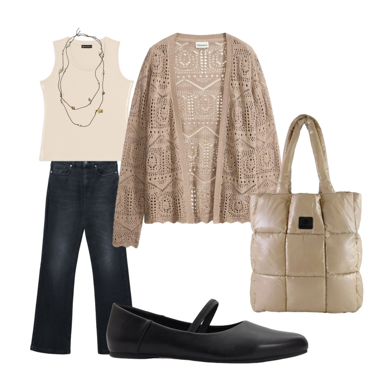 Outfit donna - Il cardigan traforato. Stile Basic per Tutti i giorni. Abbinamento con ballerine, cardigans, jeans bootcut, collane, canottiere, shopping bag.