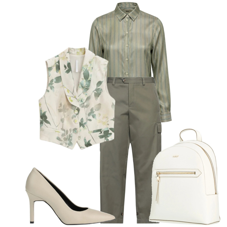 Outfit donna - Mix & match. Stile Romantica per Ufficio. Abbinamento con décolleté, zaini, pantaloni cargo, camicie, gilet.