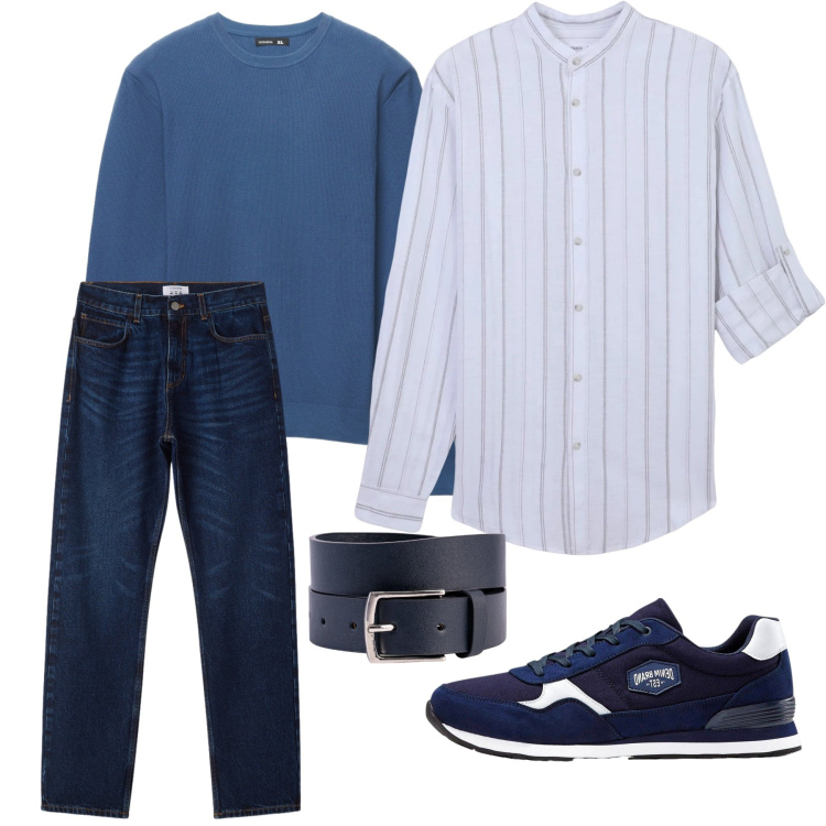 Outfit uomo - Camicia fresca e leggera. Stile Urban per Tutti i giorni. Abbinamento con sneakers, cinture, camicie, maglieria, jeans dritti.