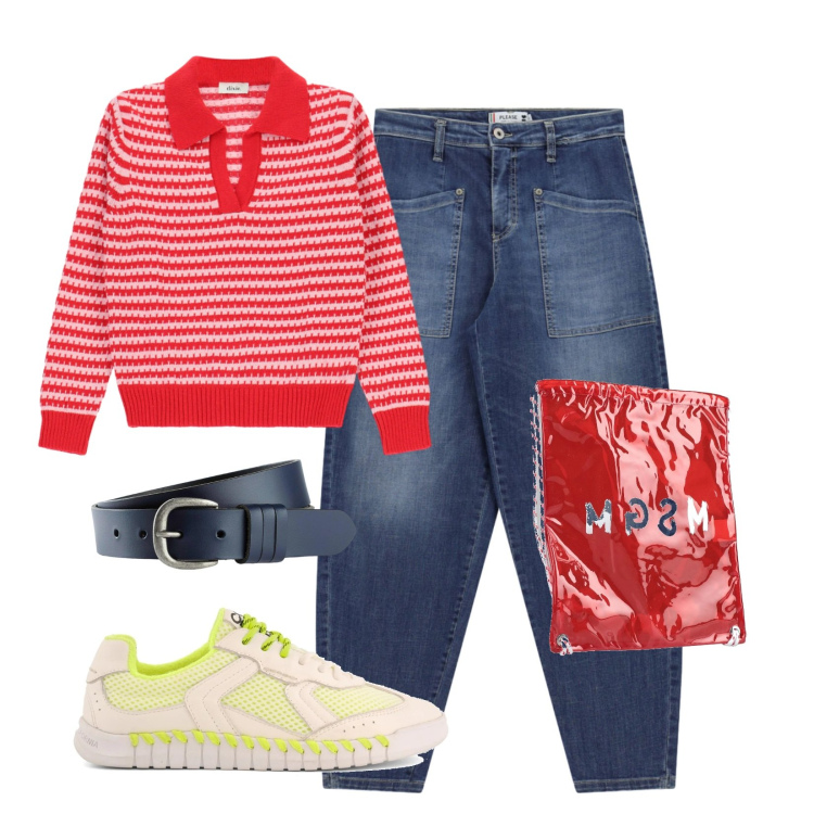 Outfit donna - Comfort primaverile. Stile Urban per Scuola/Università. Abbinamento con zaini, cinture, maglieria, jeans, sneakers.